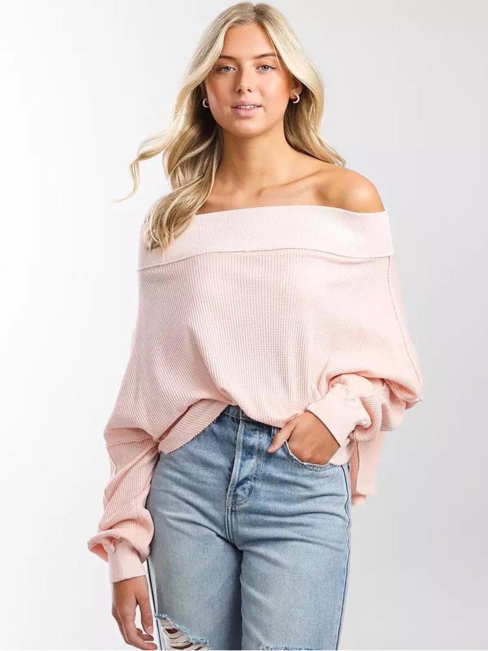 Free People Close To You Pink Waffle Knit Off-Shoulder Top We The Free